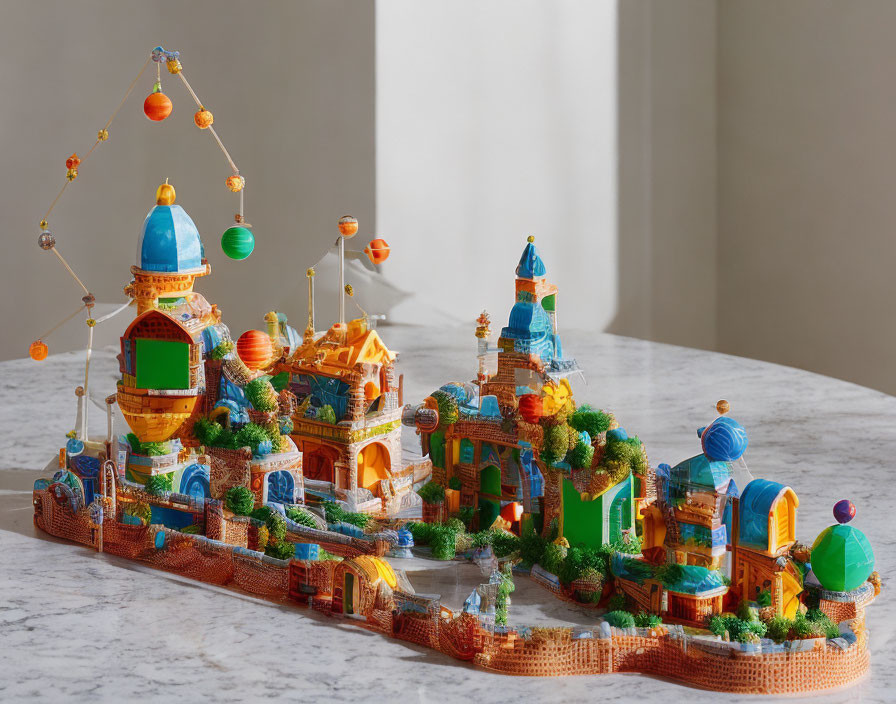 Colorful miniature palace complex with hanging solar system model