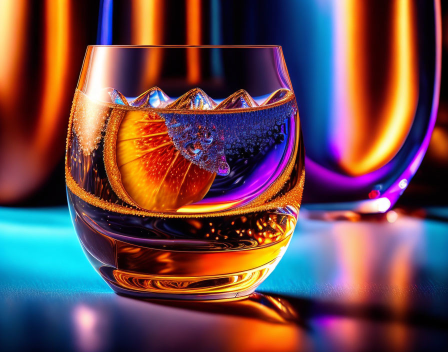 Amber liquid with citrus slice, bubbles, and reflections on colorful background