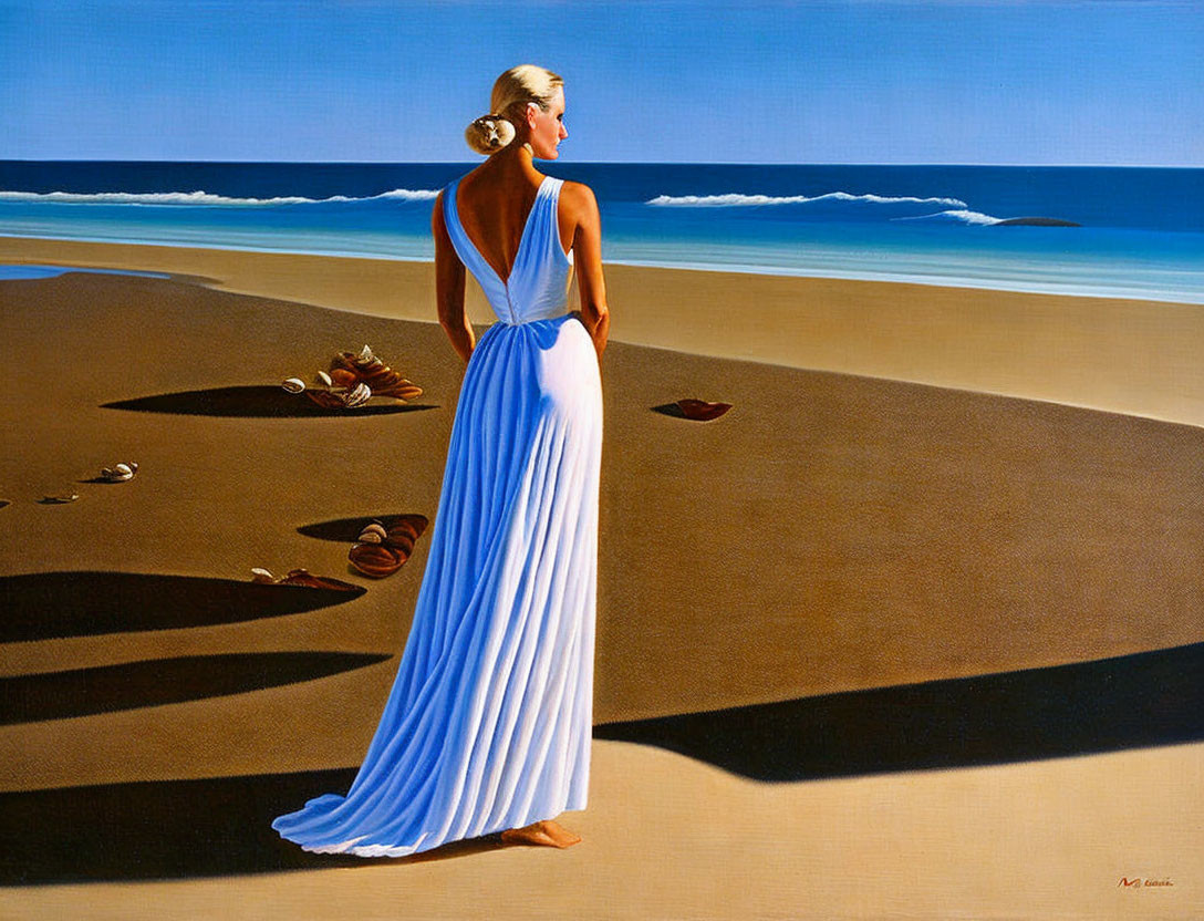 Woman in White Gown on Sandy Beach with Seashells