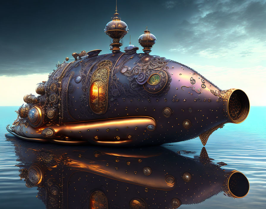 Ornate gold-detailed submarine on tranquil dusk waters