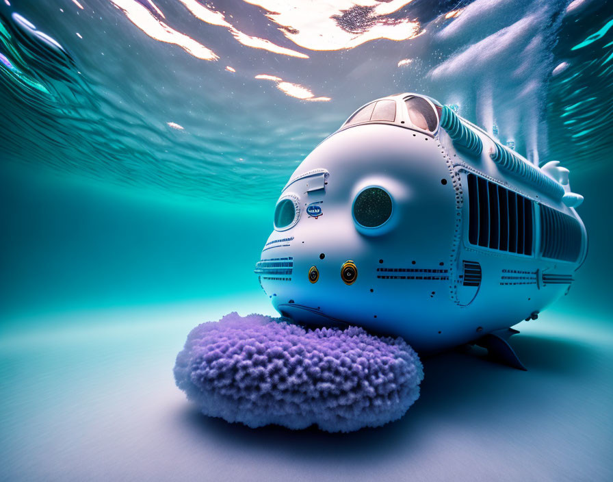 Futuristic whale-like submarine on purple coral in sunlit ocean