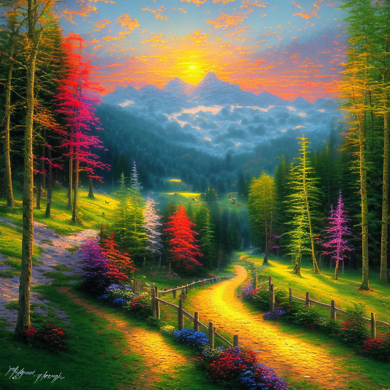 Colorful landscape with winding forest path to mountains at sunrise or sunset