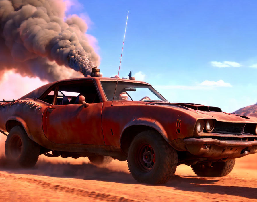 Modified red-brown patina car speeds in desert with black smoke plume