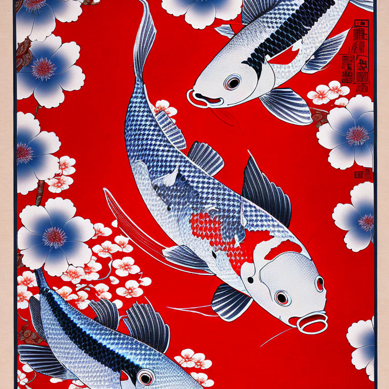 Illustrated koi fish on vibrant red background with blue flowers and Asian-style seal