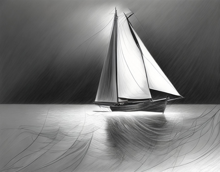 Detailed Monochrome Sailboat Sketch at Sea