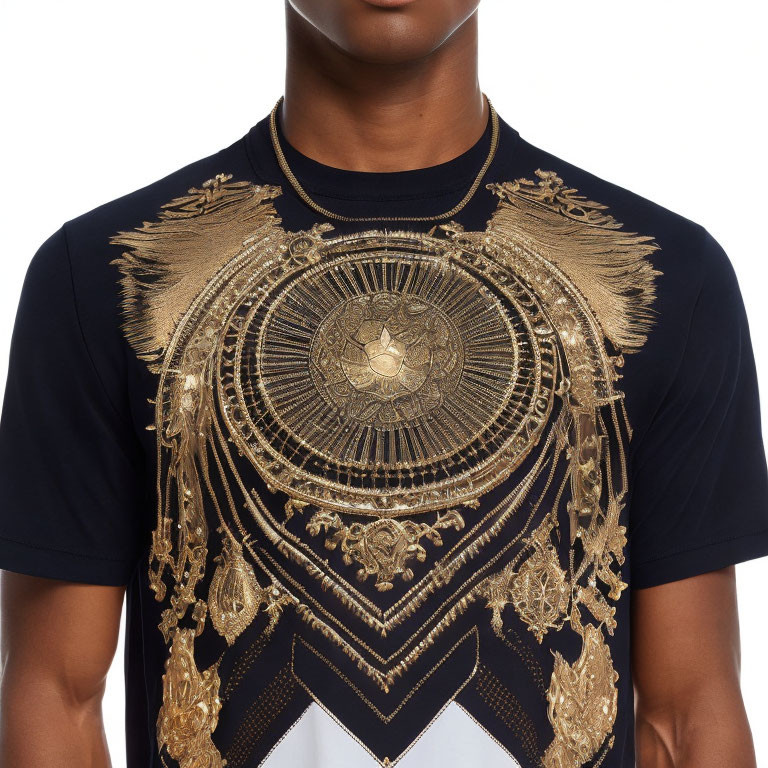 Black T-Shirt with Gold Ornamental Design on Chest