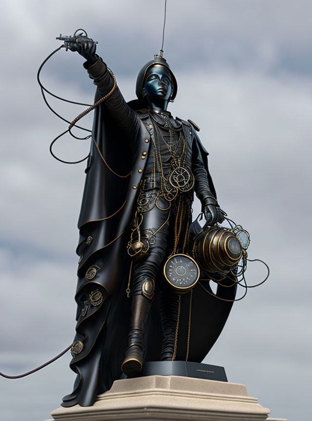 Black-clad Figure Statue with Helmet, Wire, and Gears Against Cloudy Sky