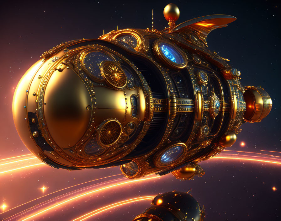 Detailed steampunk-style submarine illustration with brass and copper details in cosmic backdrop