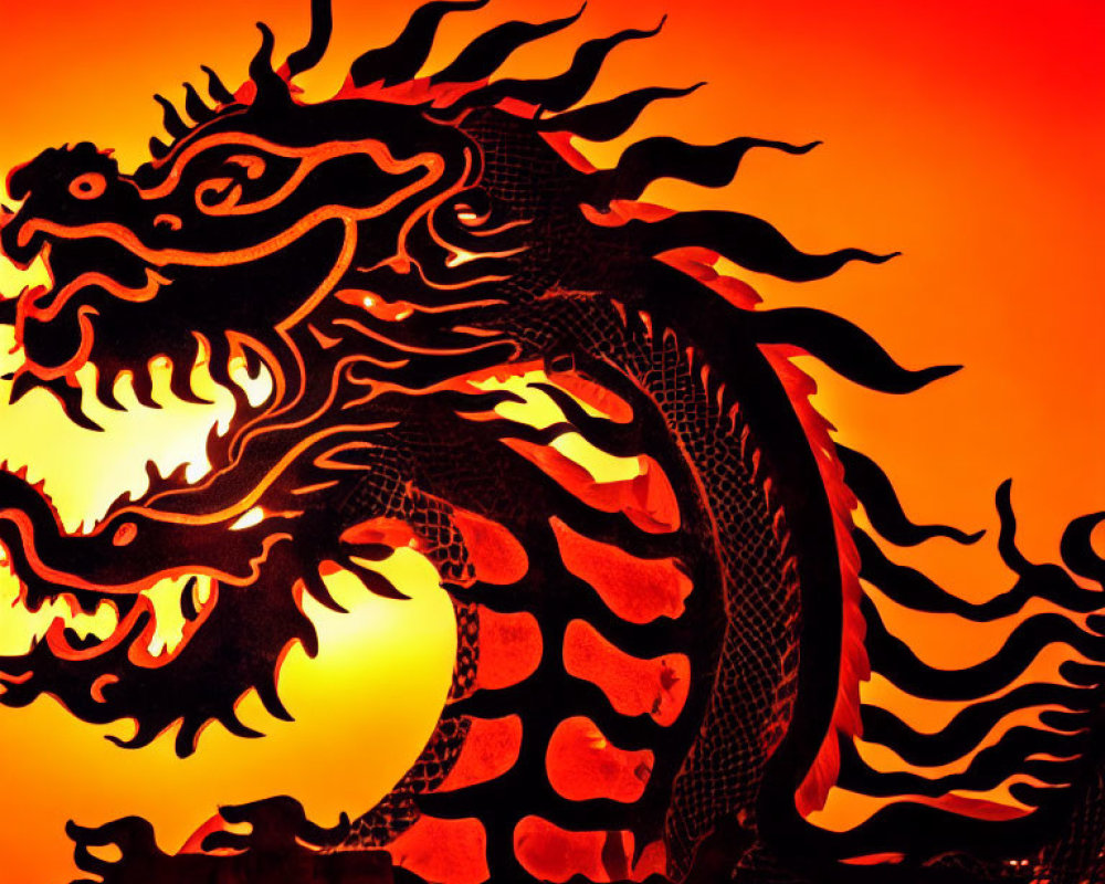 Dragon sculpture silhouette against fiery sunset with intricate scales and fierce features above traditional rooftops