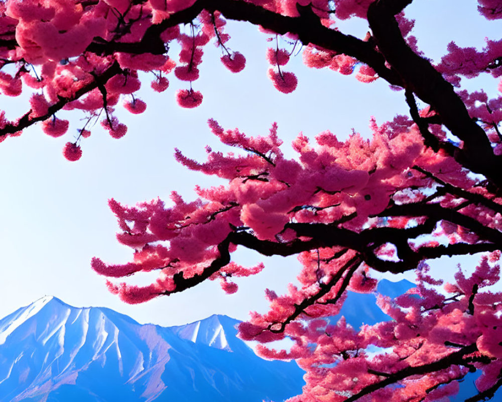 Pink cherry blossoms against blue sky and snowy mountains.