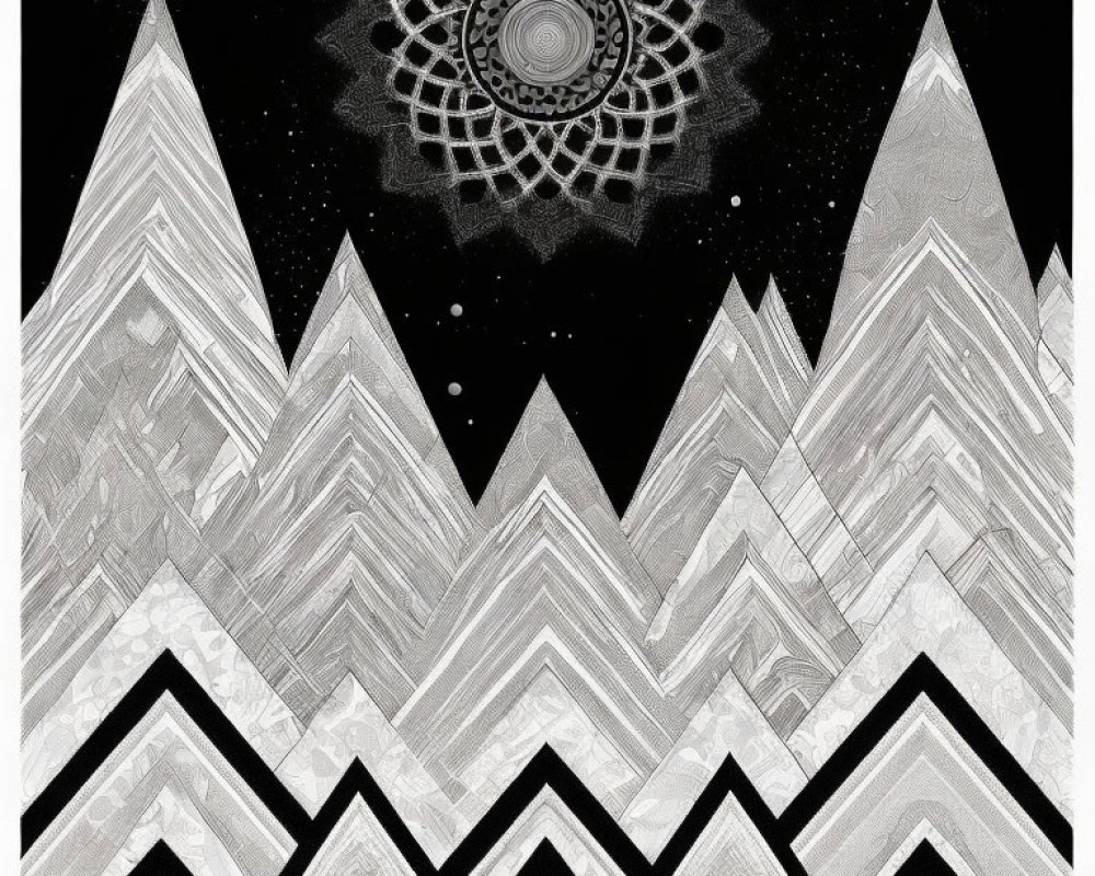 Monochrome graphic of geometric mountains under starry sky with mandala-like pattern.