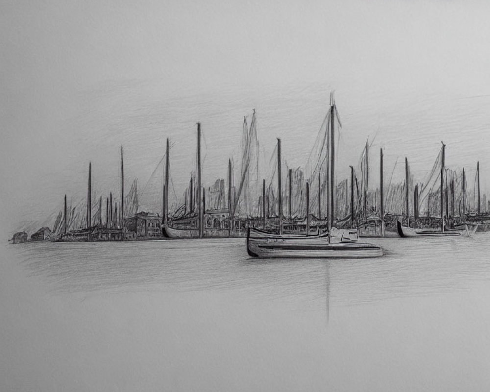 Monochrome sketch of serene marina with docked sailboats