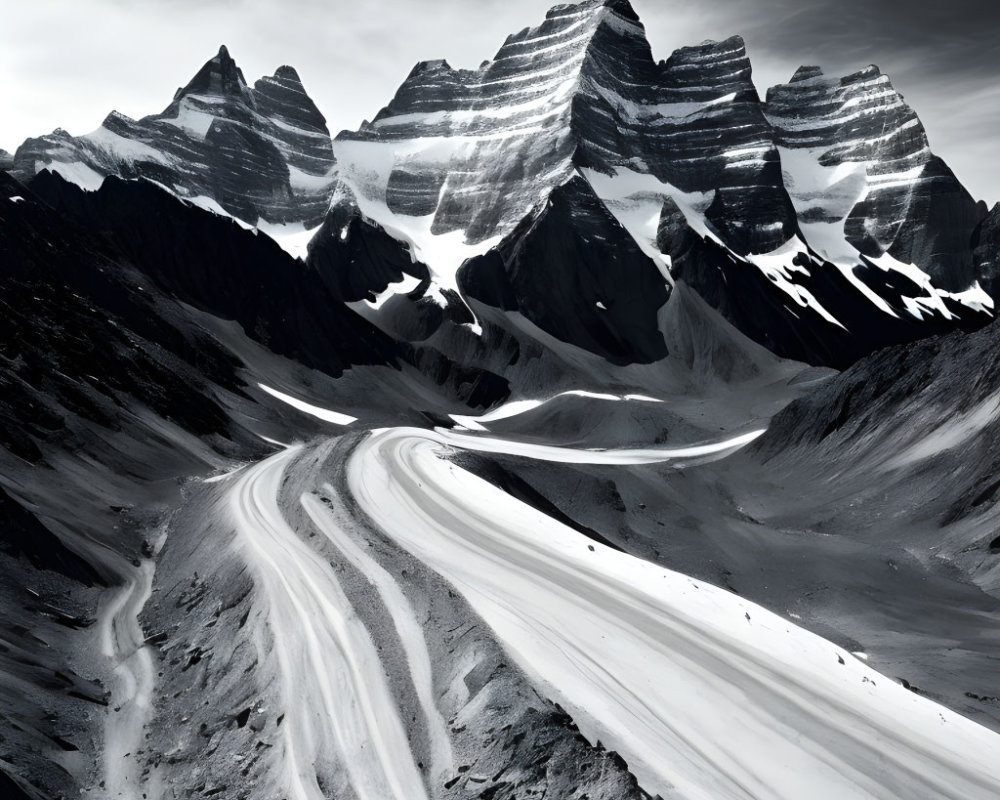 Scenic mountain landscape with winding road and sharp peaks