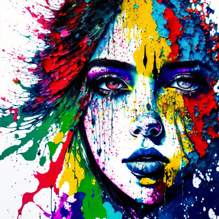 Colorful Paint Splatter Portrait of a Woman's Face