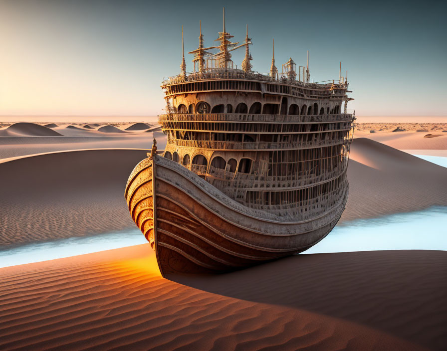 Vintage wooden ship stranded in sand dunes at sunset