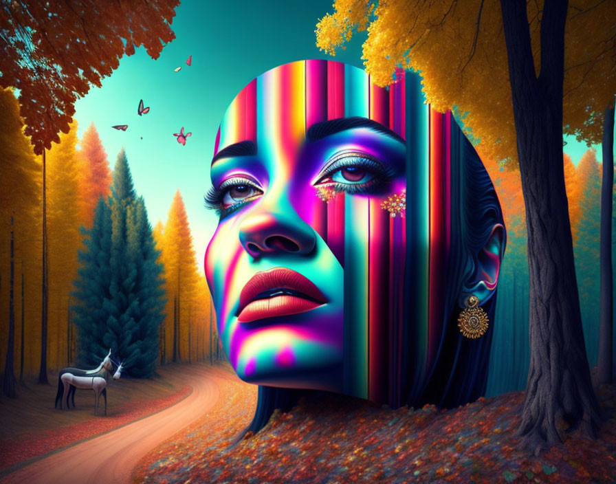 Colorful Striped Portrait Blending into Autumn Forest Scene