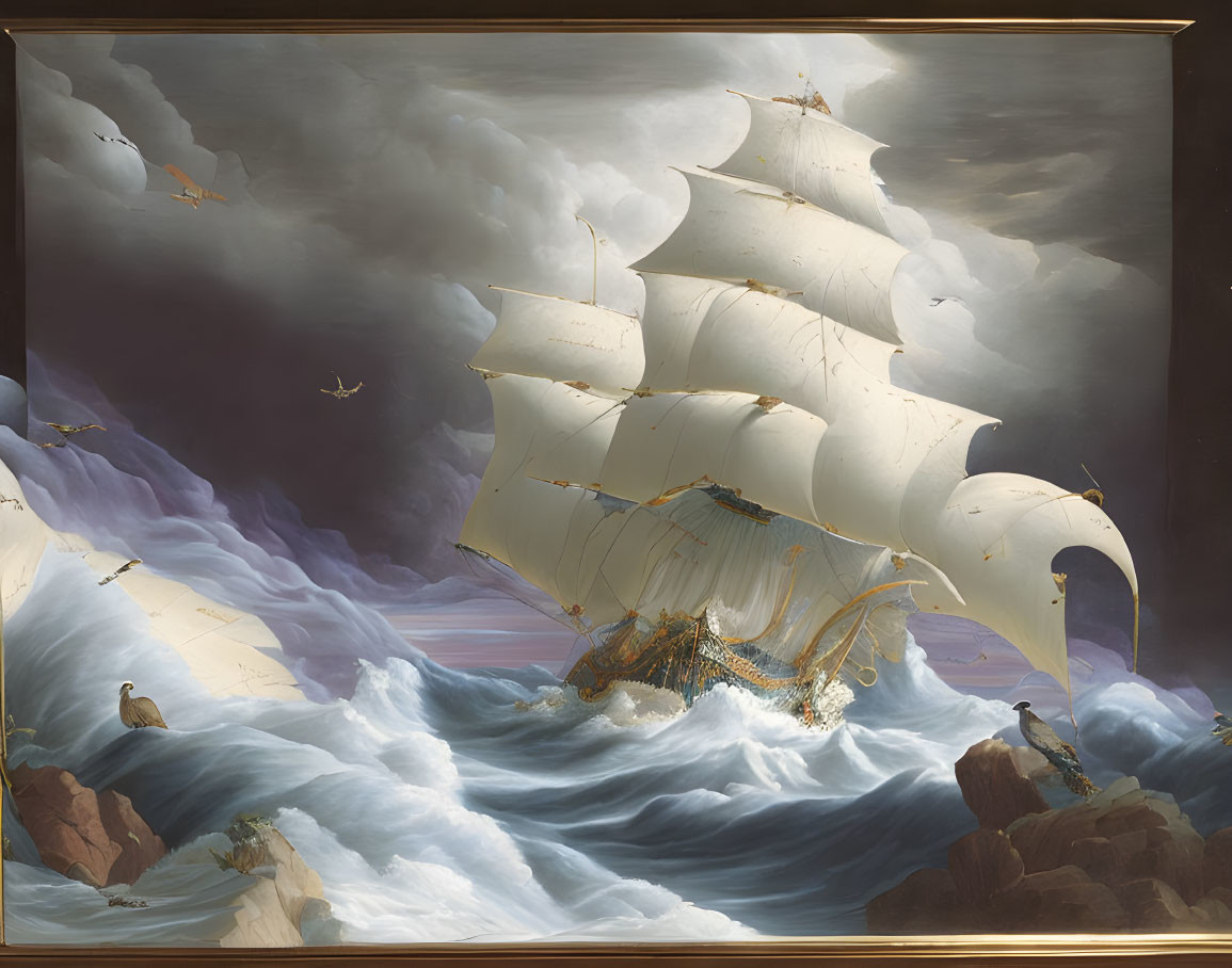 Sailing ship with billowing sails in turbulent seas surrounded by seagulls