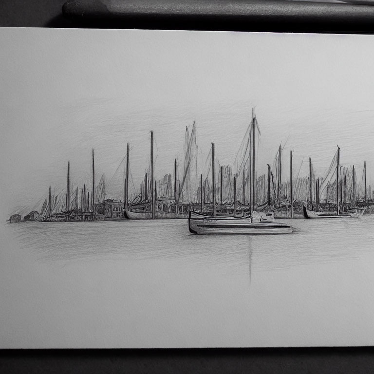 Monochrome sketch of serene marina with docked sailboats