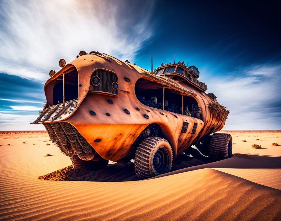 Rusted futuristic vehicle with large tires in sandy desert landscape