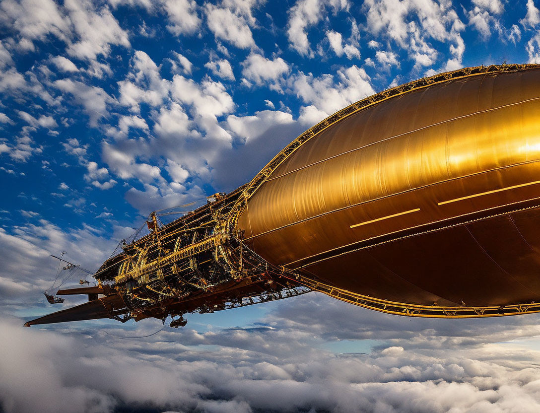 Golden airship soaring above clouds in sunlight