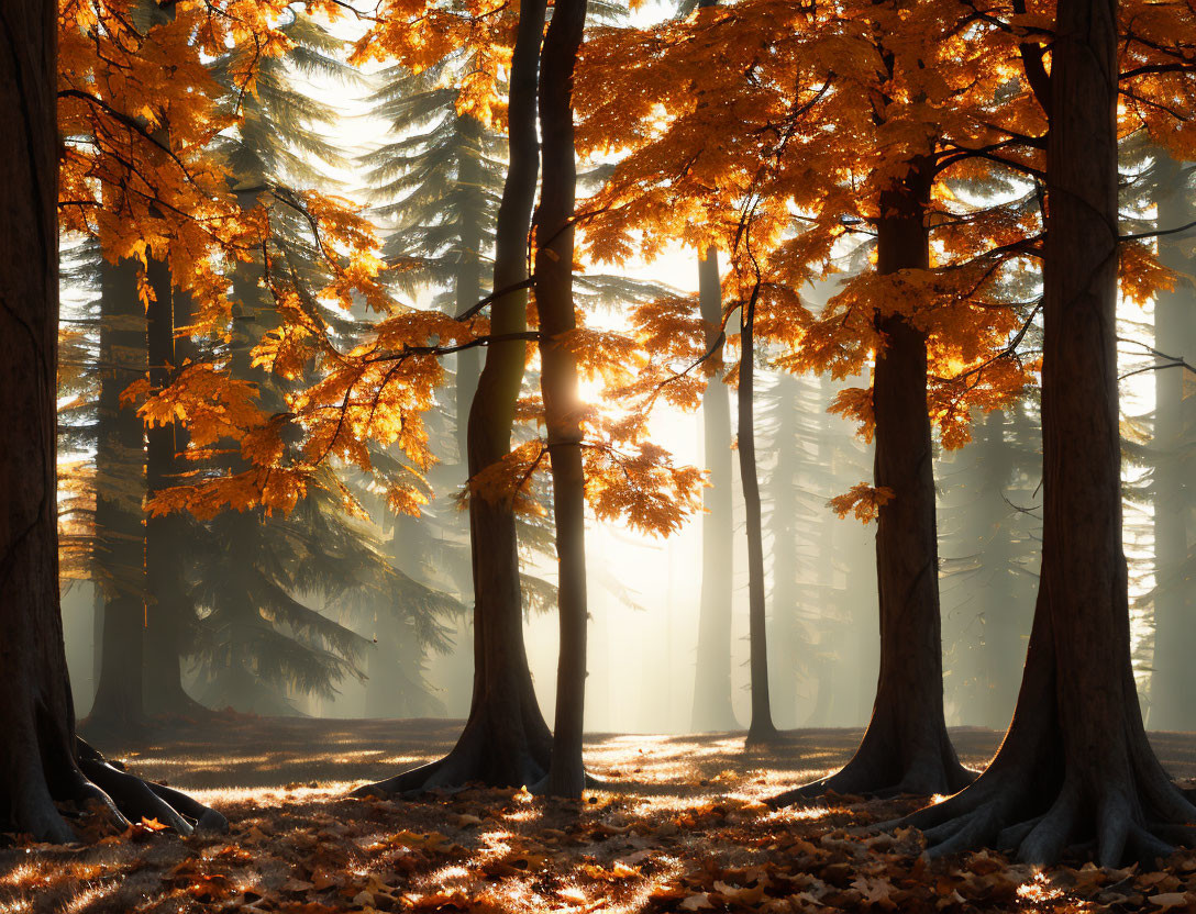 Autumn forest scene with sunlight filtering through trees