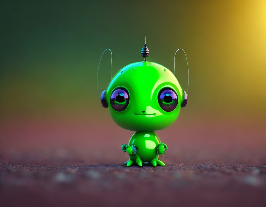 Green Cartoon Alien with Large Eyes and Antennae Smiling on Brown Surface