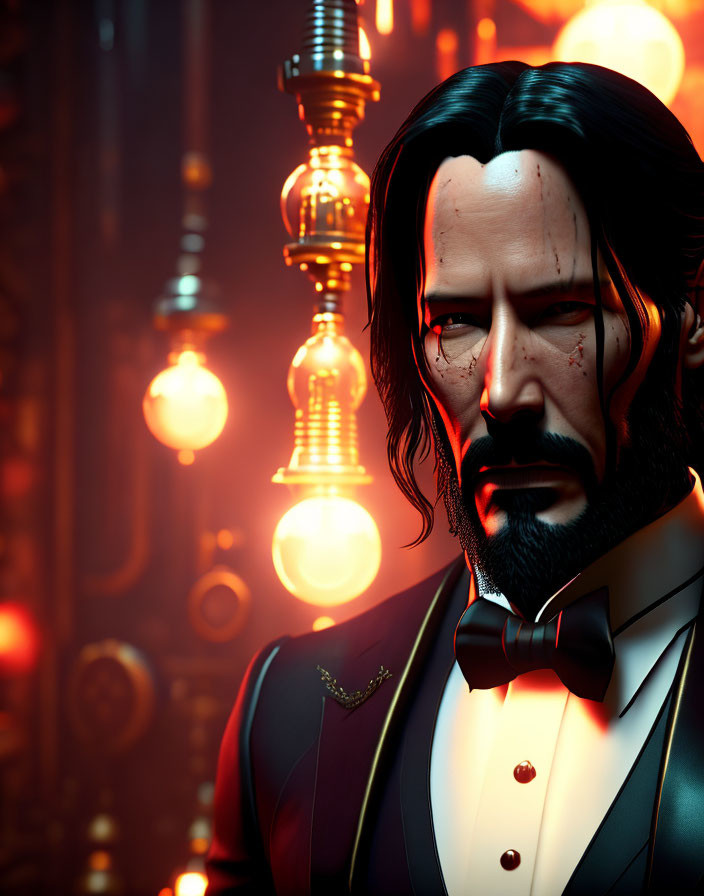 Man in tuxedo with long hair and beard, bloodied face, amidst glowing bulbs