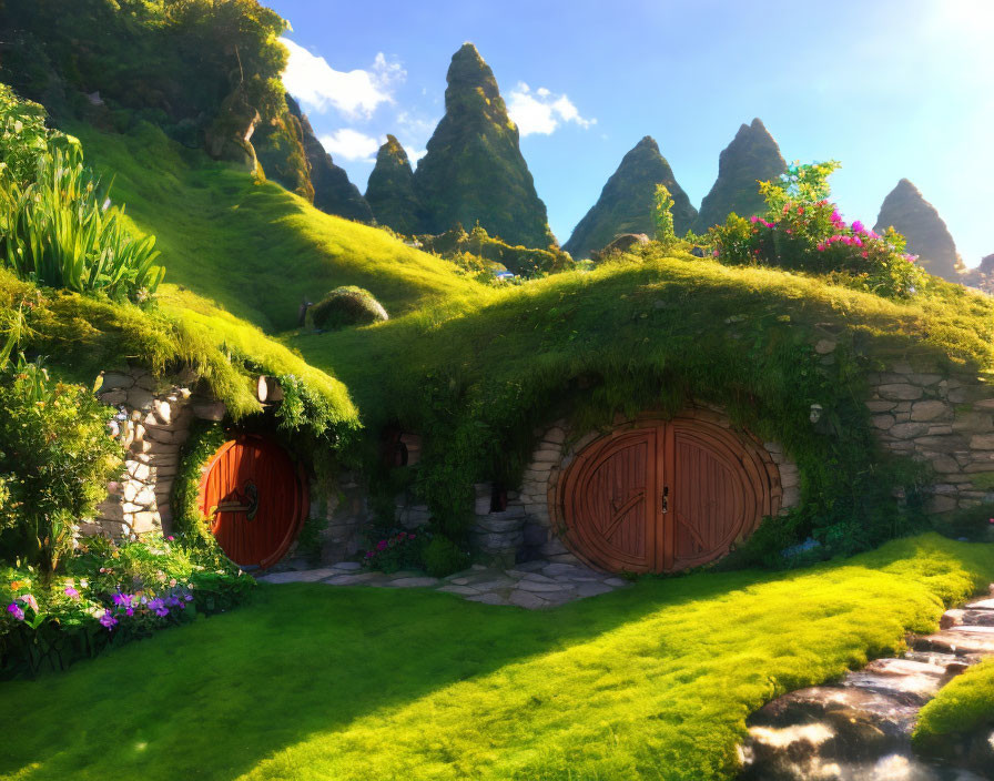 Green landscape with round doors in stone hill surrounded by lush plants and flowers and tall mountains