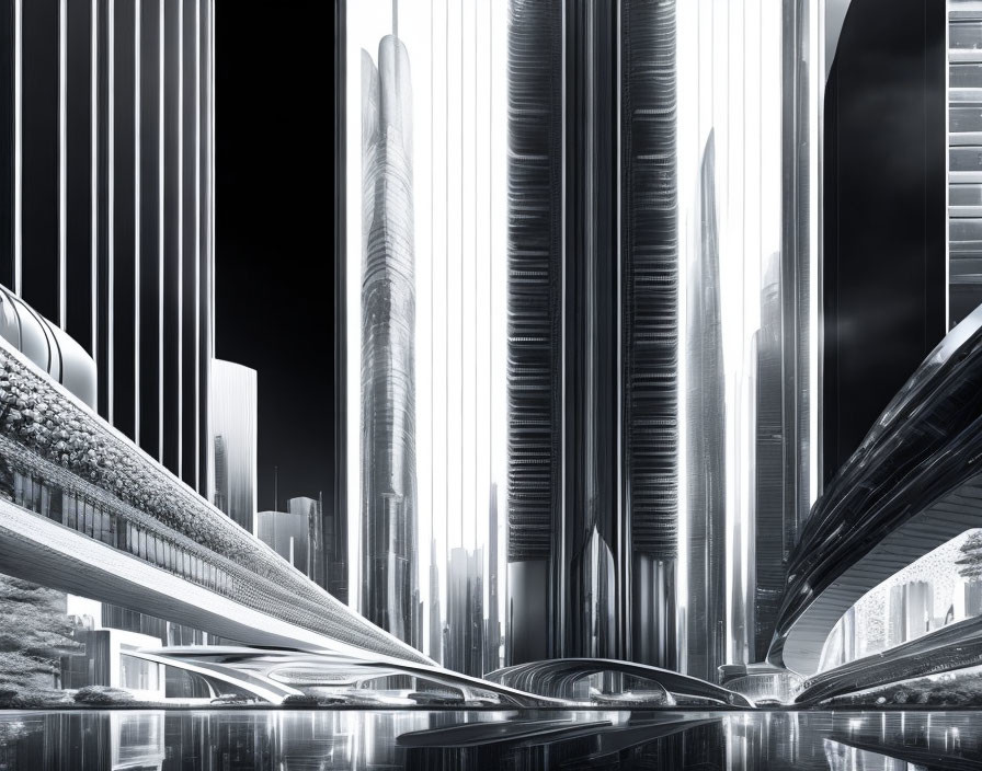 Futuristic Cityscape with Skyscrapers and Monorail