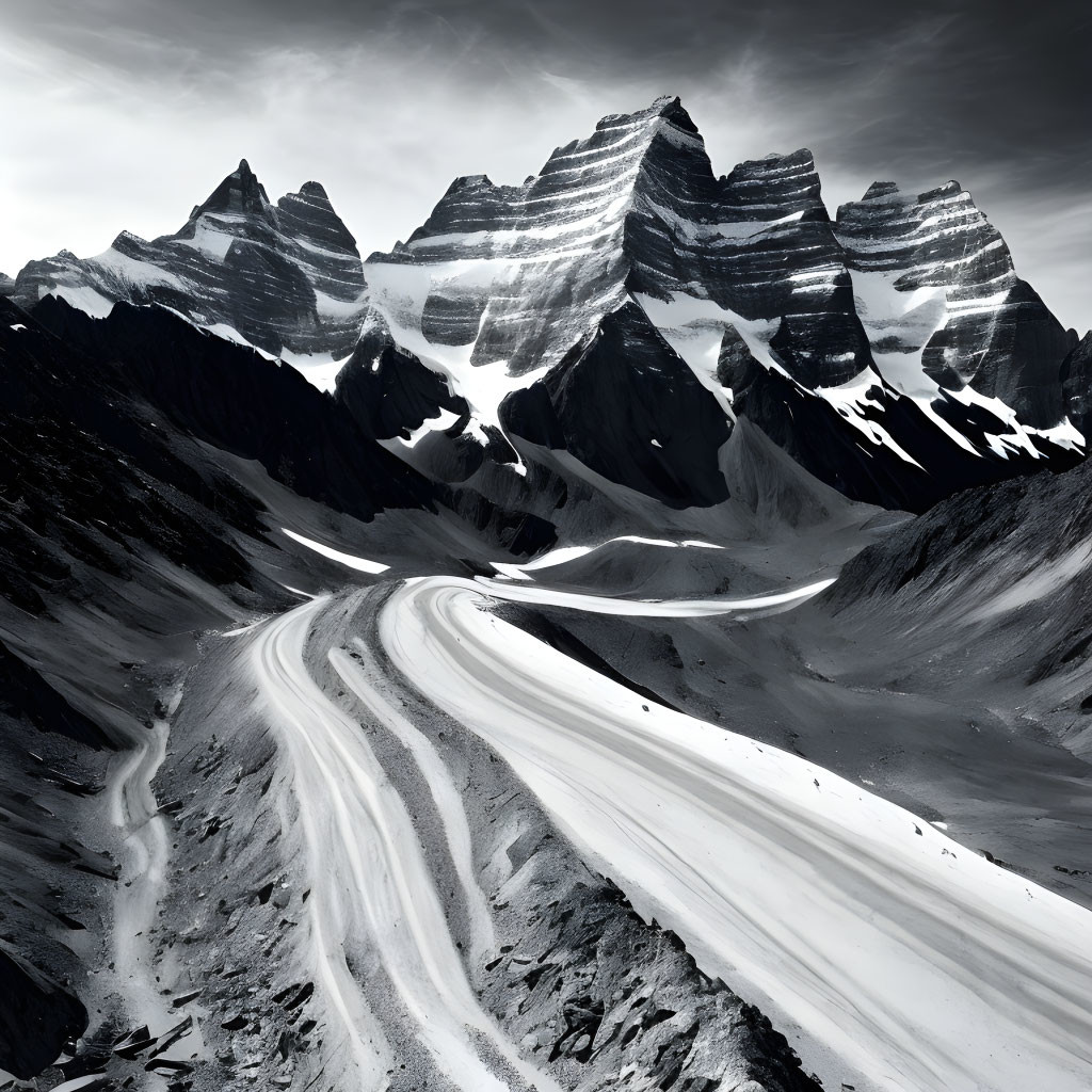 Scenic mountain landscape with winding road and sharp peaks