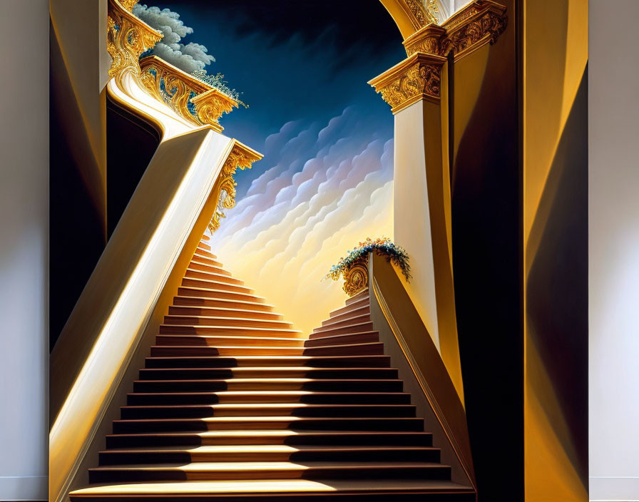 Ornate golden pillars frame surreal sky with spiraling clouds above small tree platform.