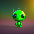 Green Cartoon Alien with Large Eyes and Antennae Smiling on Brown Surface