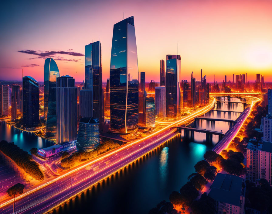 Dusk cityscape with illuminated skyscrapers and traffic lights