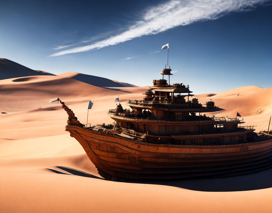 Ancient Ship Stranded on Sand Dunes with Surreal Desert Seascape