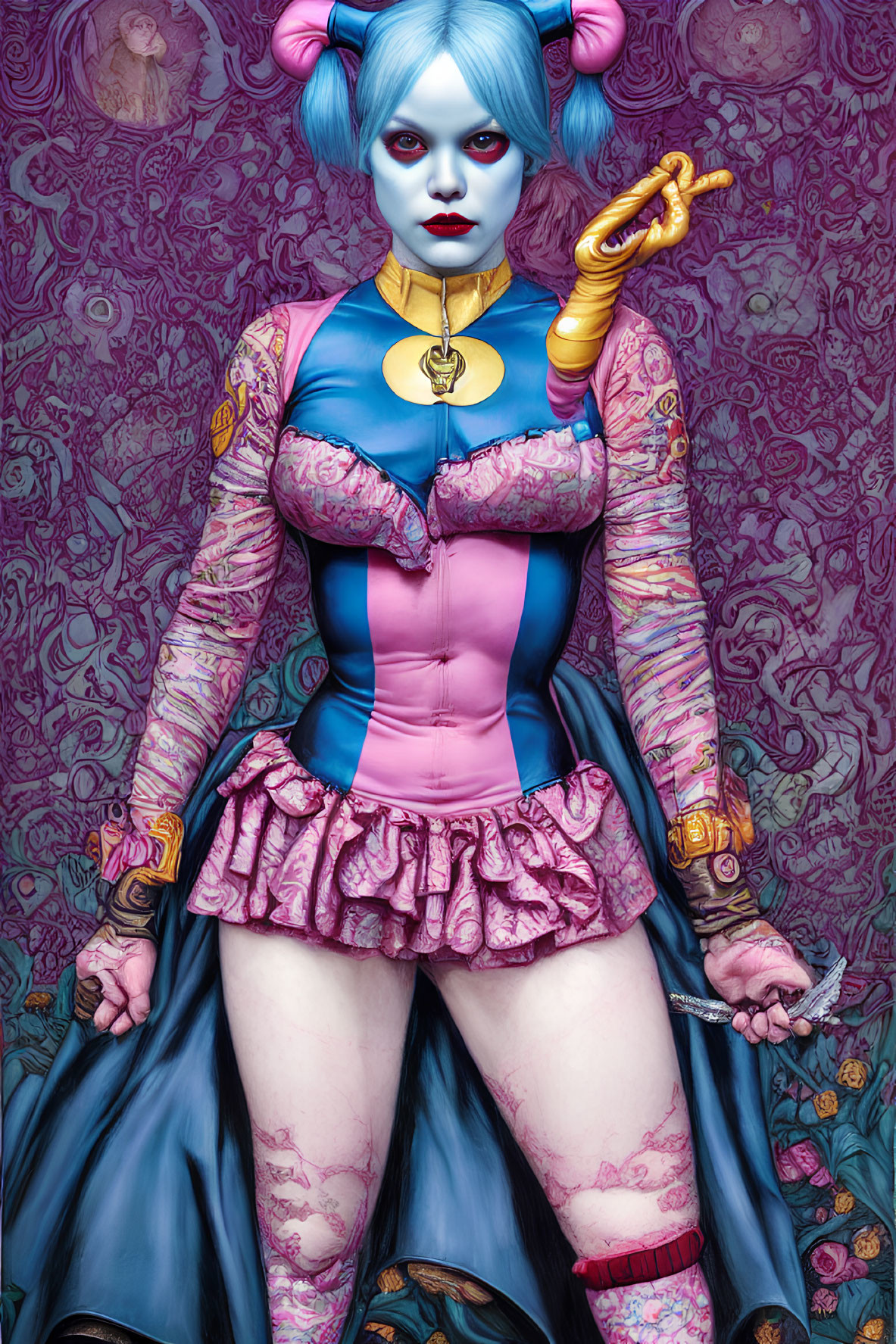 Elaborate Blue Cosplay with Purple Hair and Pink Outfit