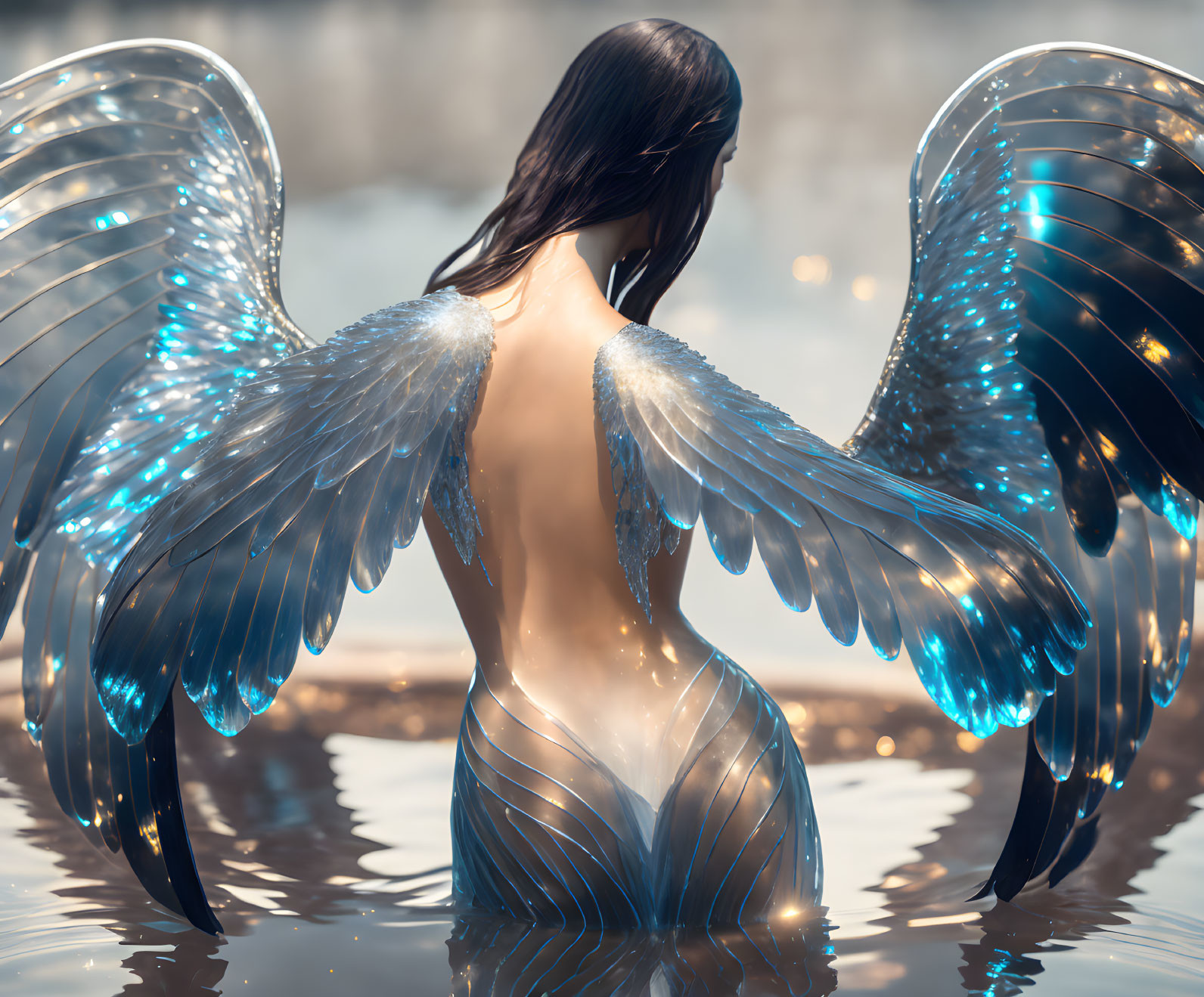 Translucent wings reflected in water, evoking an ethereal aura