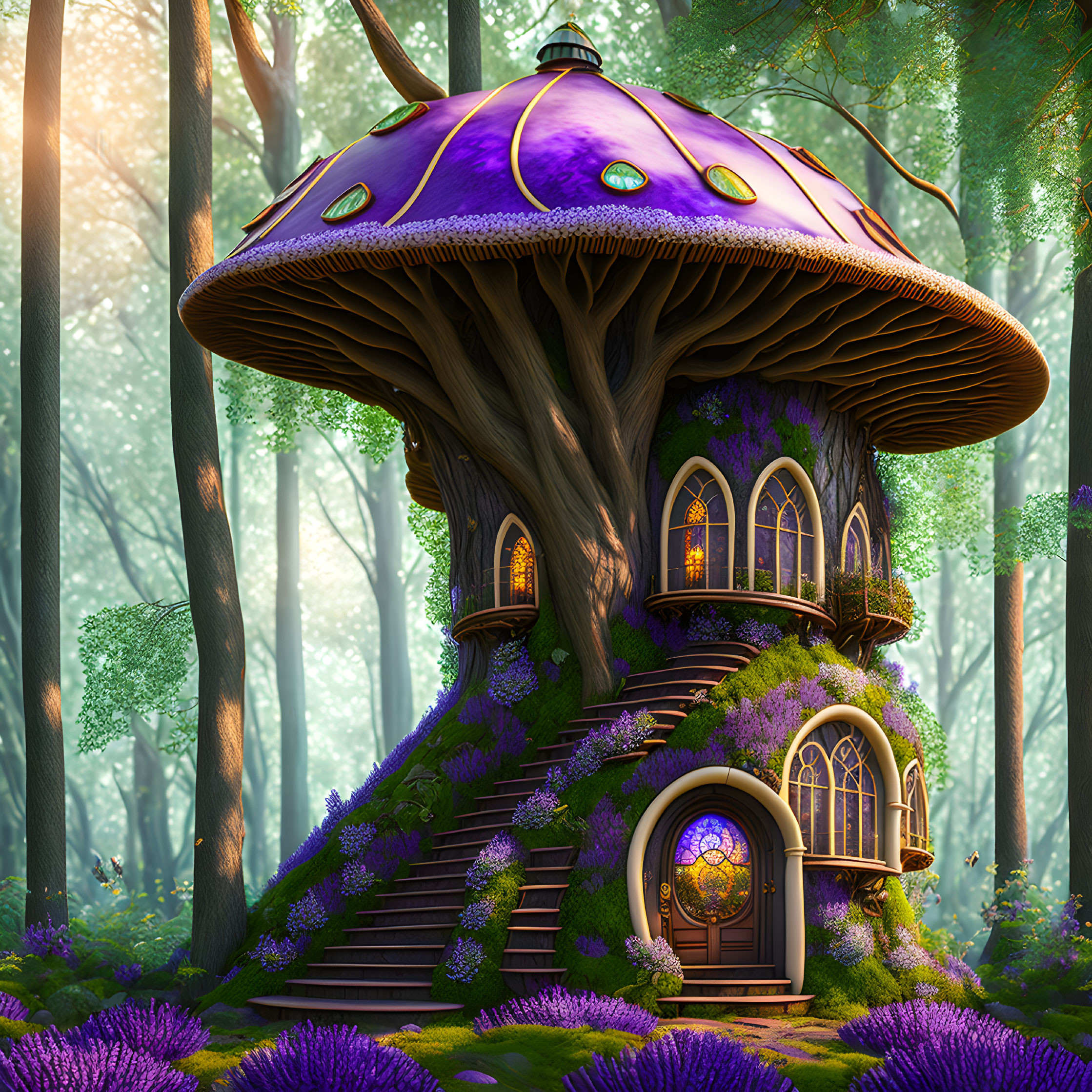 Mushroom-shaped house in magical forest with purple flora