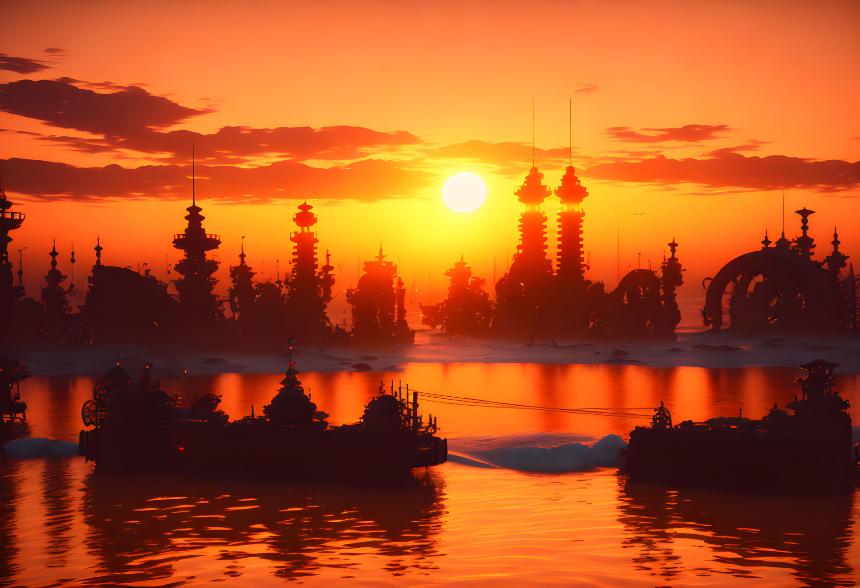 Vibrant orange sunset over futuristic cityscape and ships on calm sea