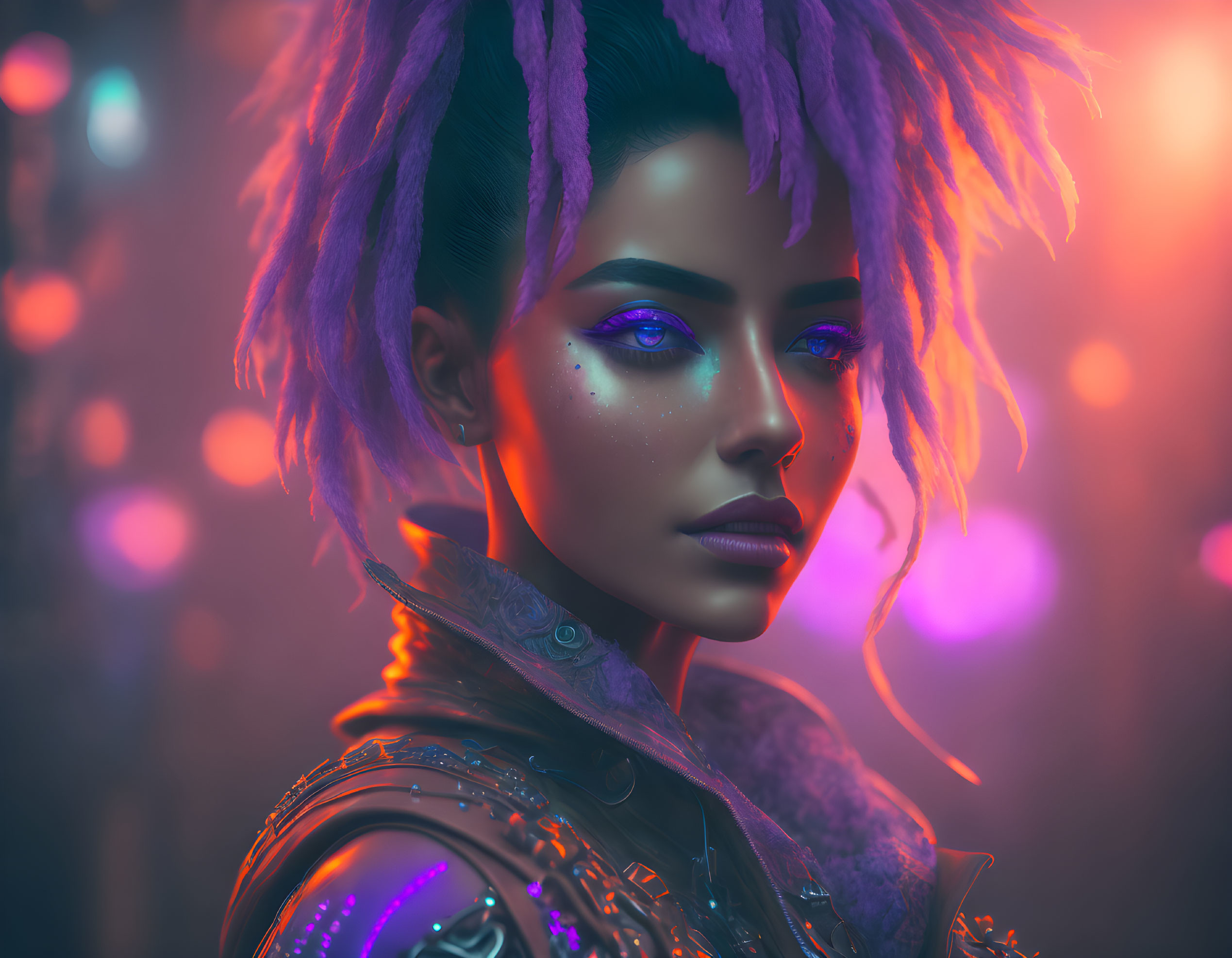 Futuristic woman with purple dreadlocks and glowing blue eyes in neon-lit scene