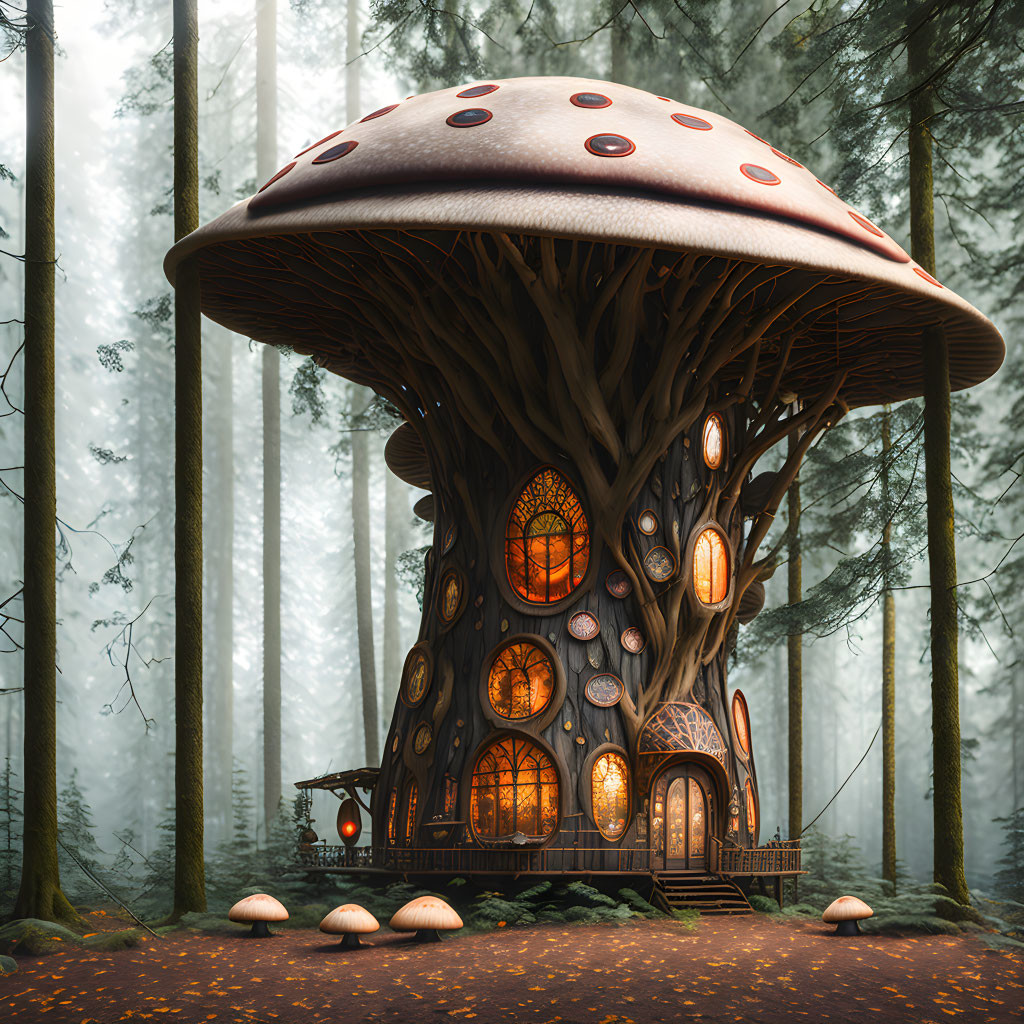 Mushroom-shaped house in misty forest with warm lights and cozy porch