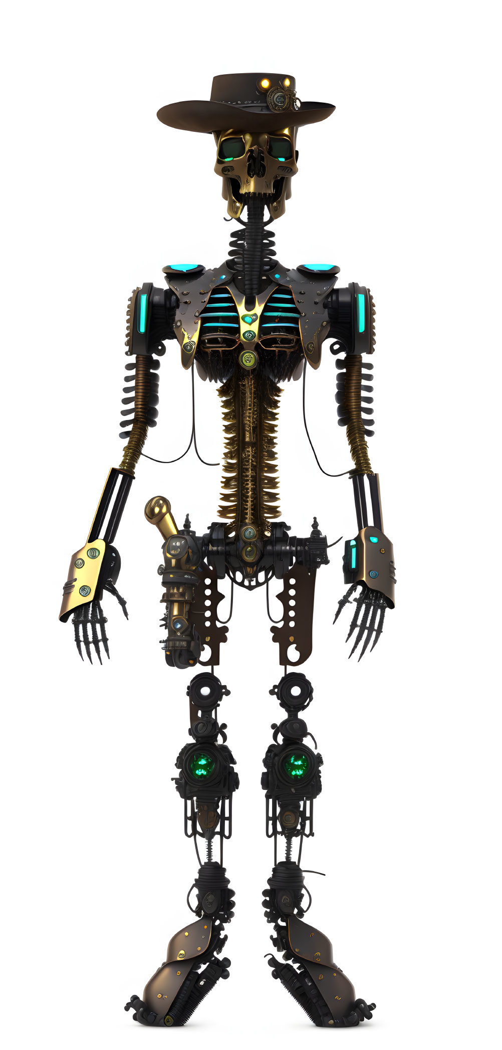 Steampunk robot with gears, brass, top hat, goggles, and green accents