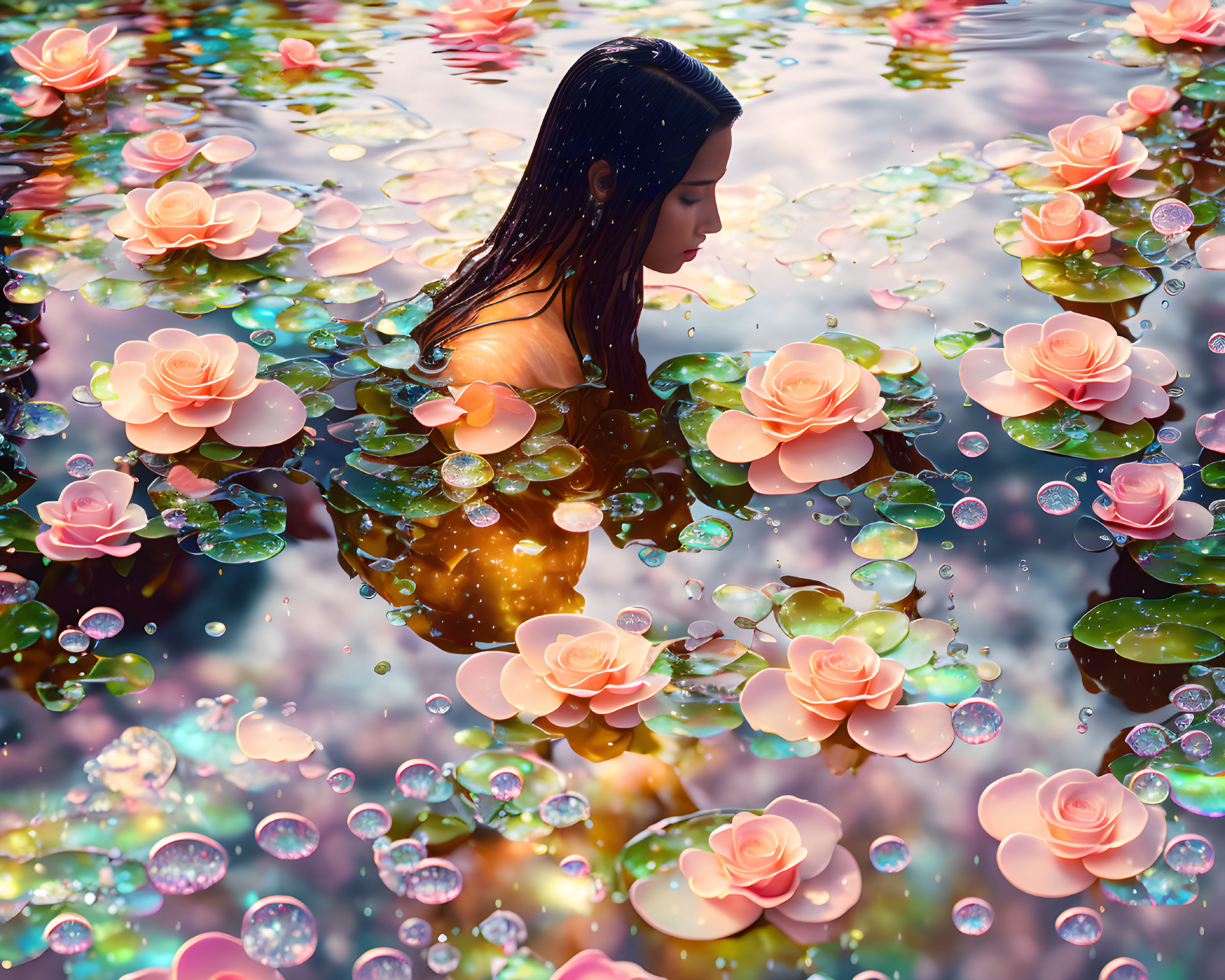 Person submerged in water with pink lotus flowers and bubbles