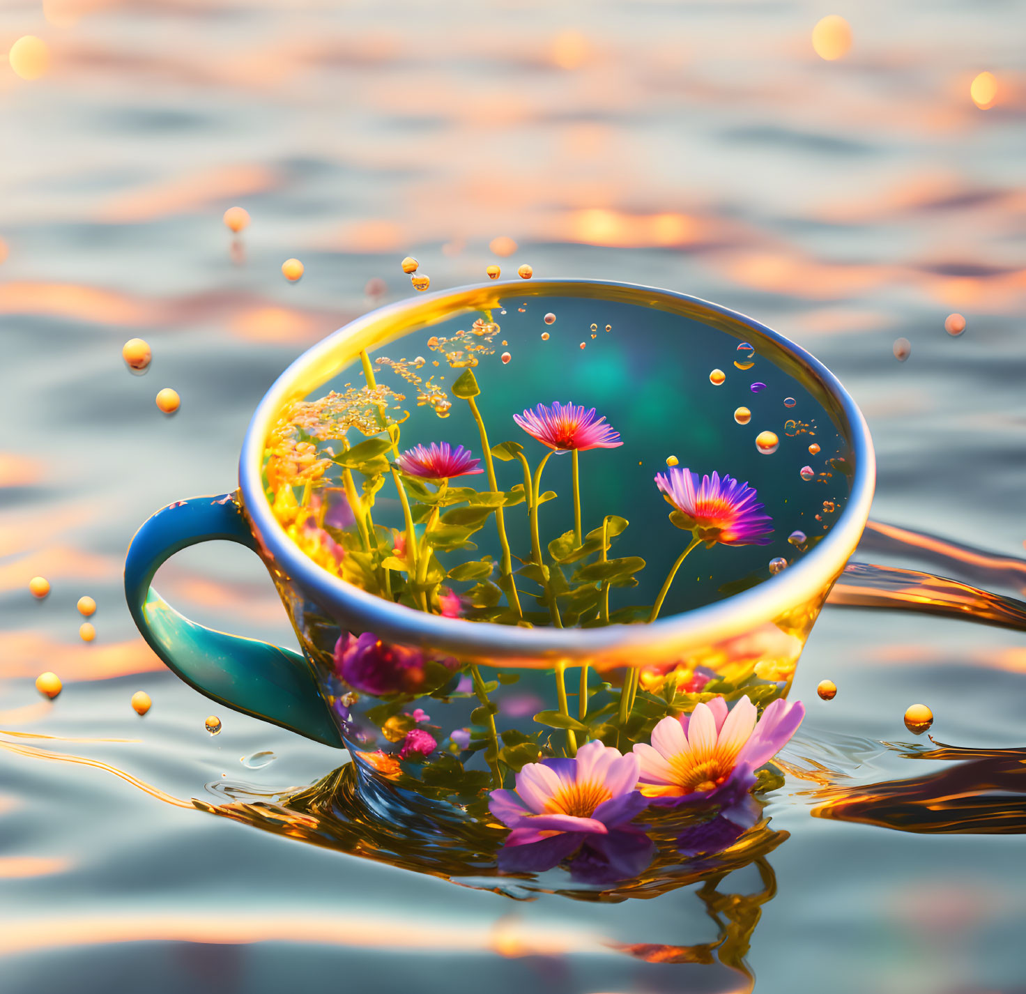 Colorful Cup with Flowers and Liquid Against Water Background