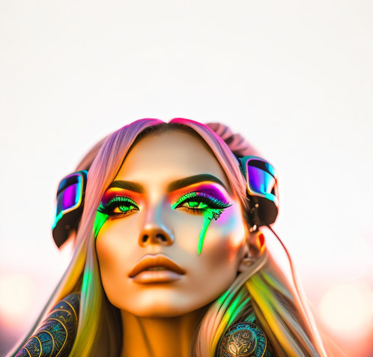 Colorful neon-lit woman with vibrant makeup and headphones