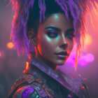 Futuristic woman with purple dreadlocks and glowing blue eyes in neon-lit scene