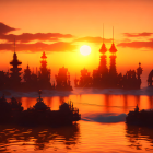 Vibrant orange sunset over futuristic cityscape and ships on calm sea