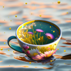 Colorful Cup with Flowers and Liquid Against Water Background