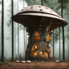 Mushroom-shaped house in misty forest with warm lights and cozy porch