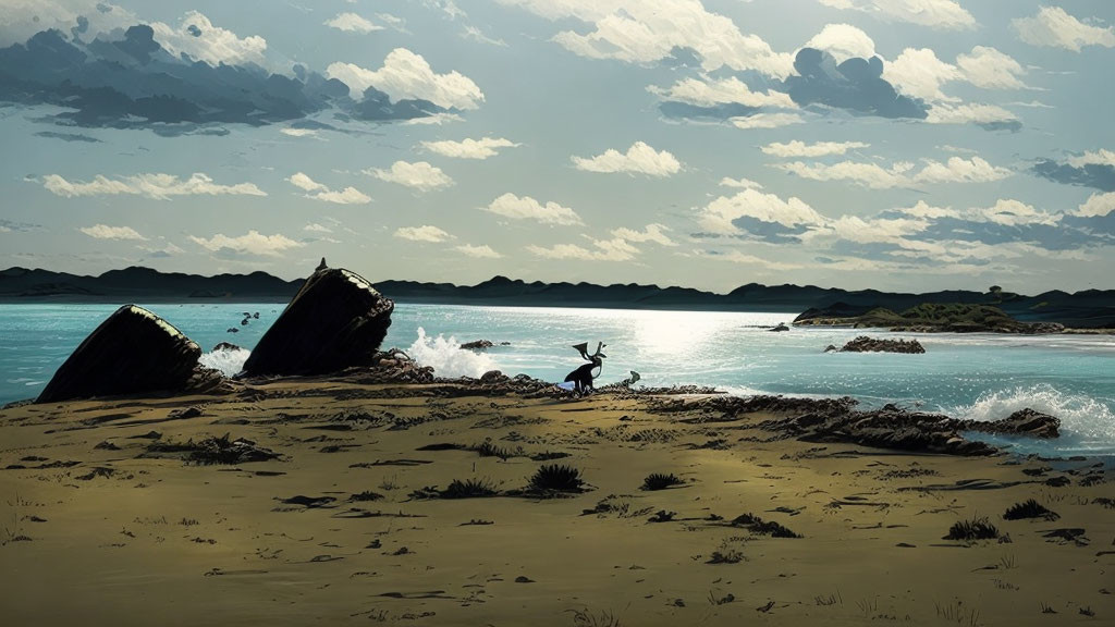 Person with Dog on Serene Beach with Rocks, Waves, Cloudy Sky, and Hills