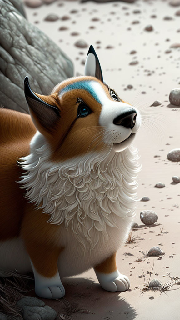 Brown and White Corgi Digital Illustration with Blue Eyes Among Rocks